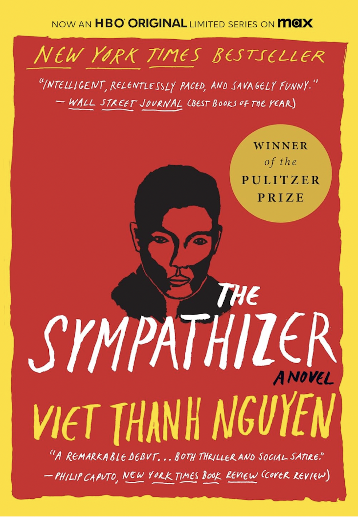 A red book cover featuring te illustration of an Asian man's face. 